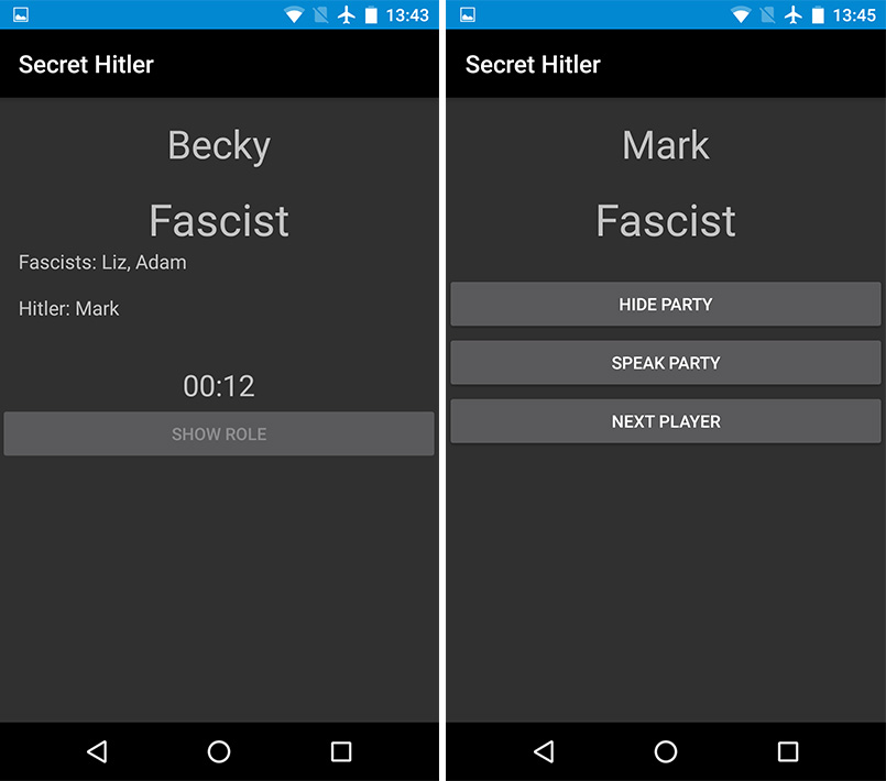 Image shows two screenshots of the prototype app, fascist role assignment and party inspection