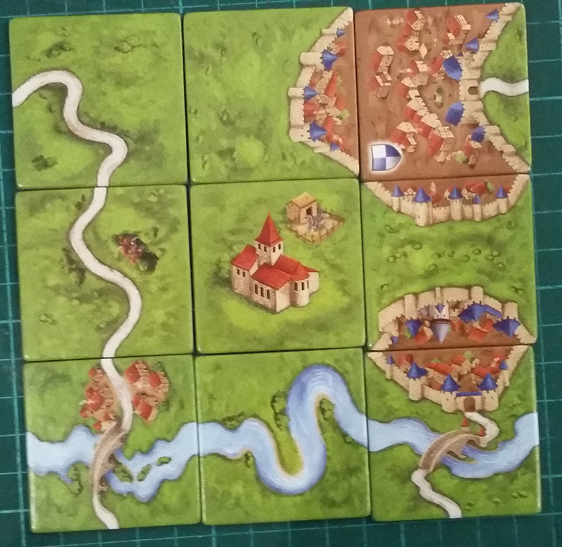 Image showing the various tile features. From top left to bottom right: road; city; city with road; road; monastery; city; road and river; river; city, road, and river.